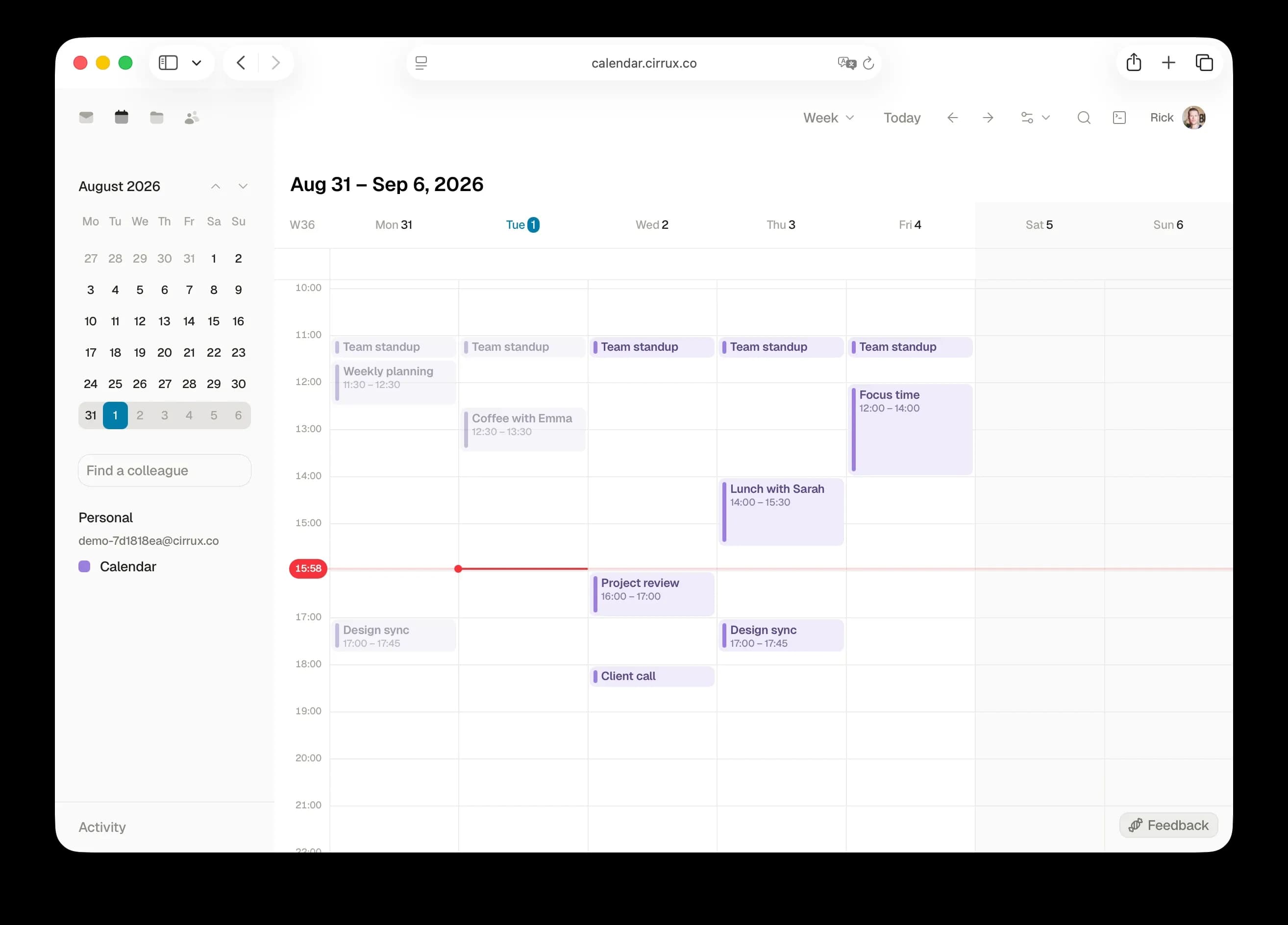The Cirrux calendar in week view, showing a week of meetings and focus time.