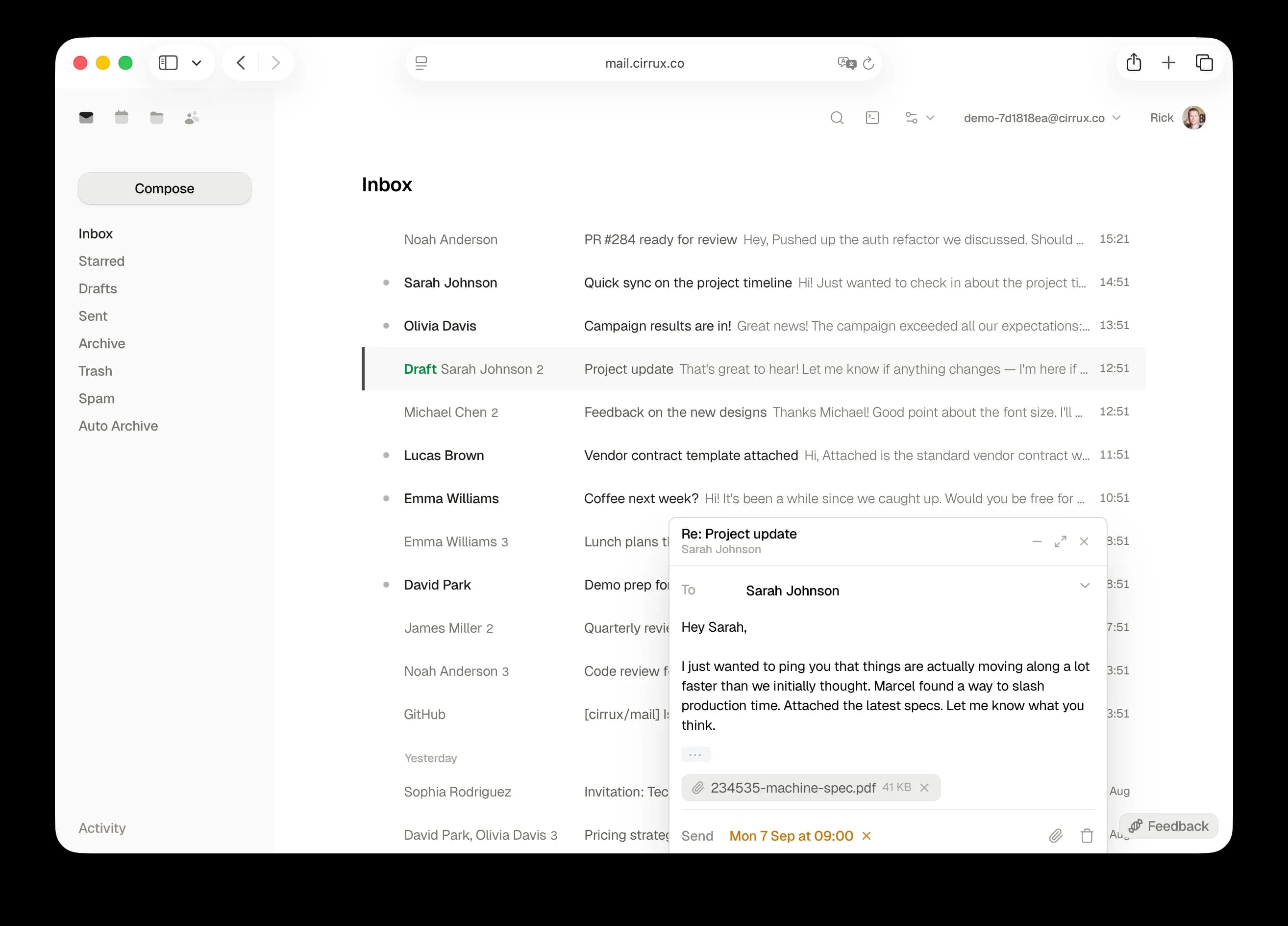 The Cirrux inbox, with a reply open and scheduled to send on Monday morning.