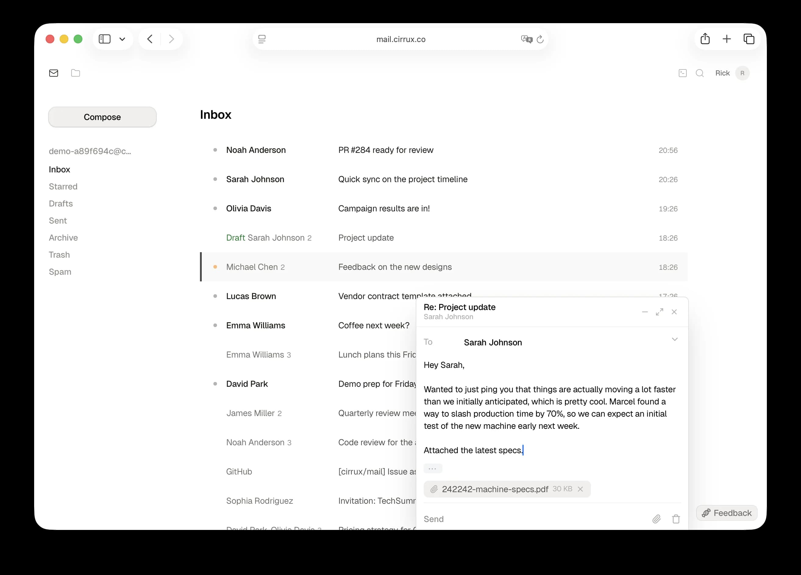 The Cirrux inbox, showing a list of messages and a compose window.