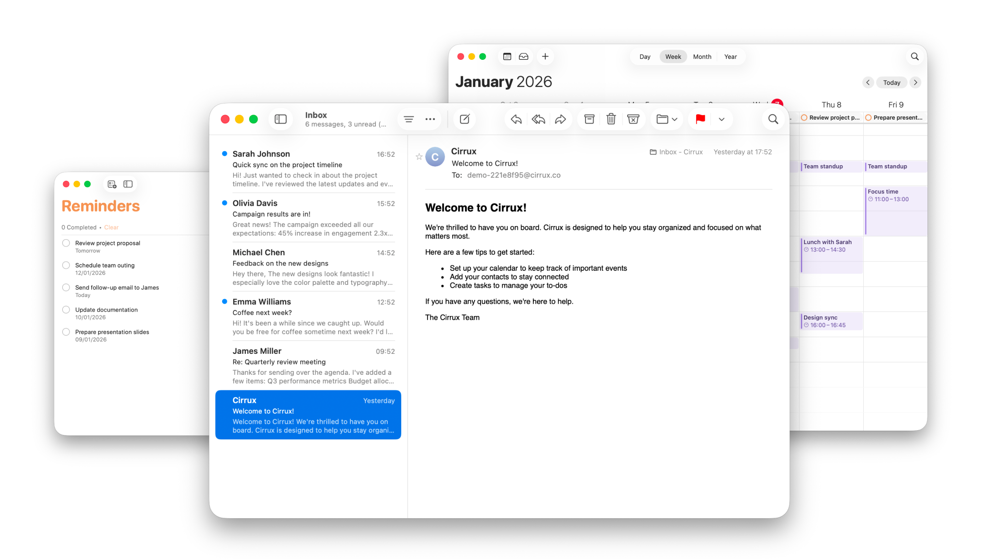 Cirrux running on macOS showing email, calendar, and reminders