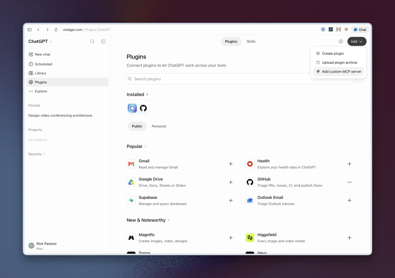 The Plugins page in ChatGPT with the Add menu open and Add custom MCP server highlighted