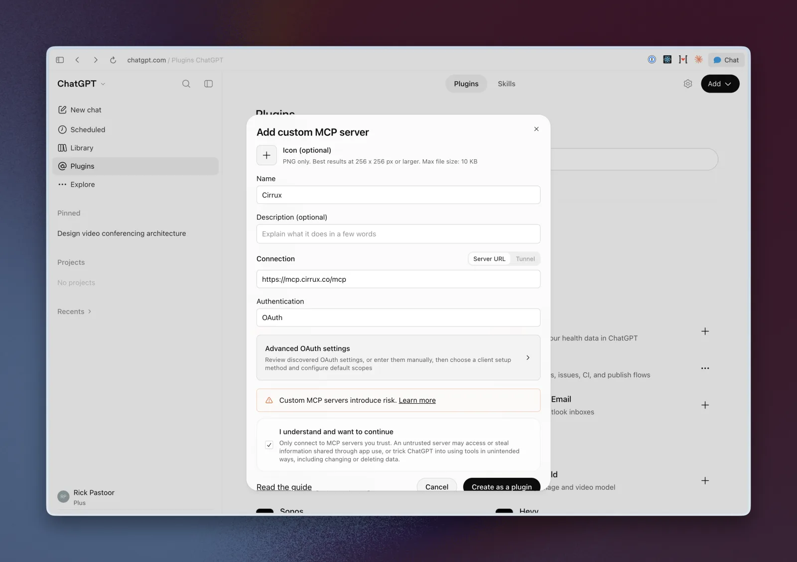 The Add custom MCP server dialog in ChatGPT, with Cirrux as the name, the Cirrux MCP URL as the server URL and OAuth as authentication