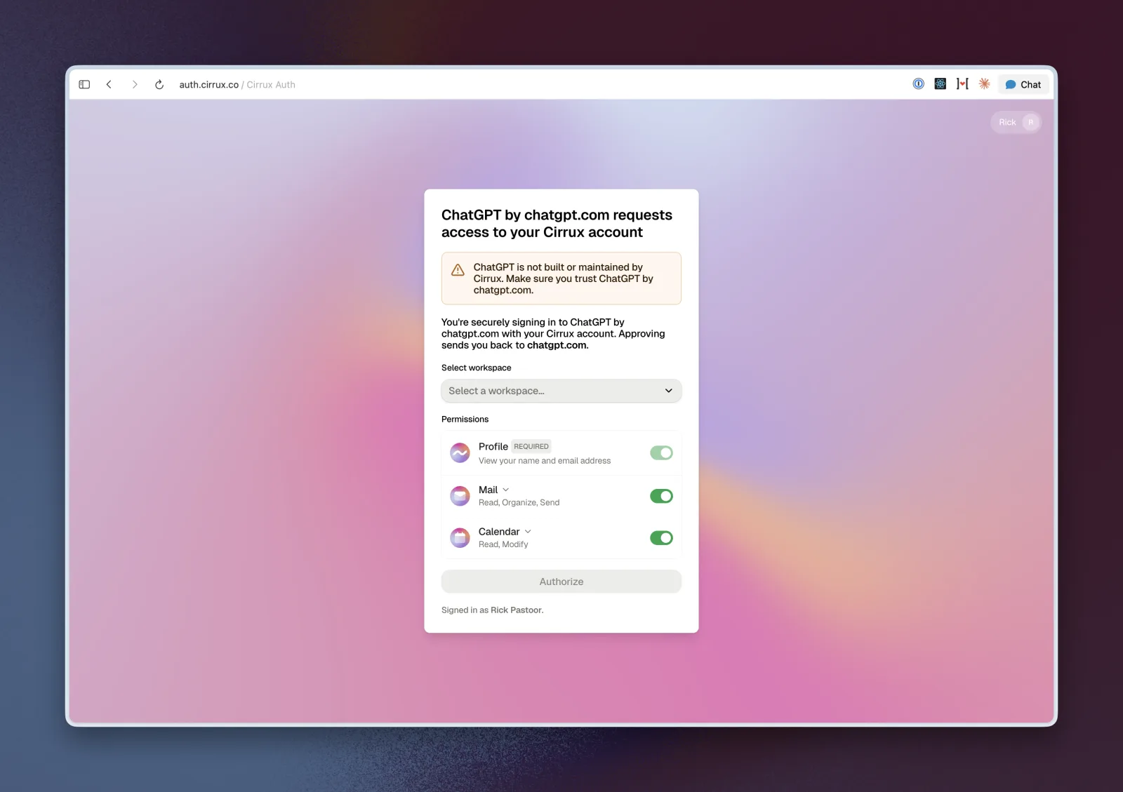 The Cirrux sign-in page asking to approve access for ChatGPT by chatgpt.com, with a workspace picker and Mail and Calendar permissions