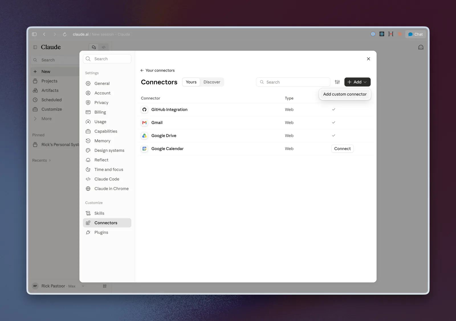 The Connectors page in Claude settings with the Add menu open and Add custom connector showing