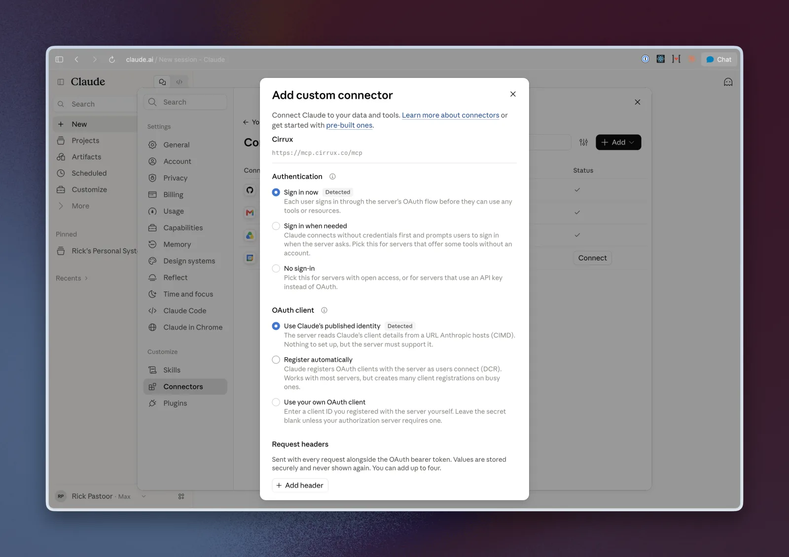 Authentication options for the Cirrux connector in Claude, with Sign in now and Use Claude’s published identity selected