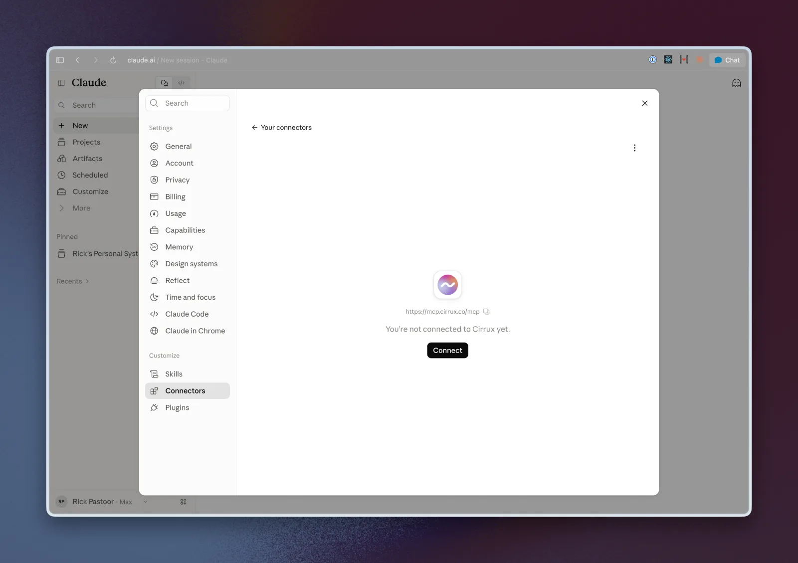 The Cirrux connector page in Claude saying you are not connected to Cirrux yet, with a Connect button