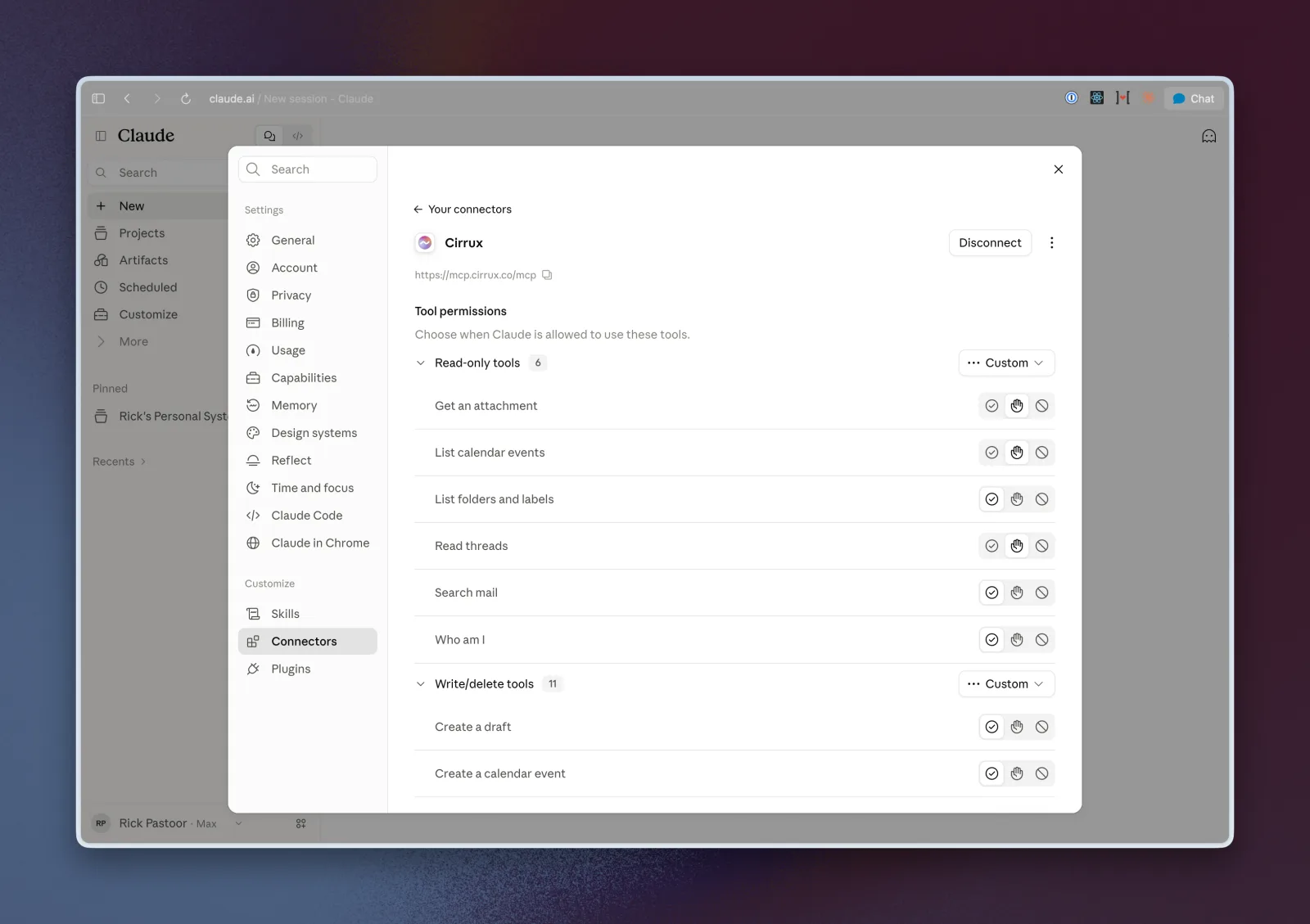 The connected Cirrux connector in Claude, with tool permissions for read-only tools and write and delete tools