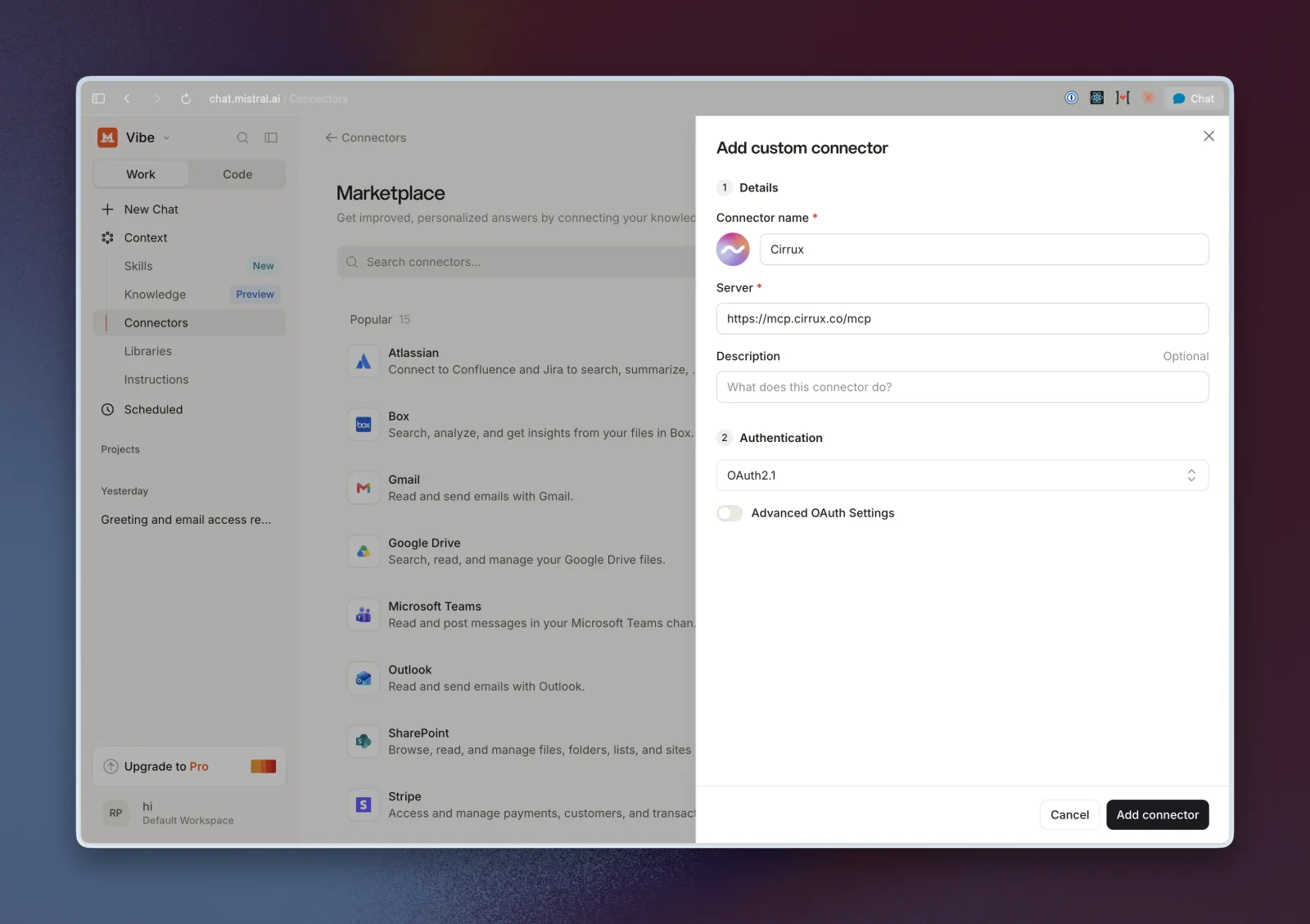 The Add custom connector panel in Mistral Vibe, with Cirrux as the name, the Cirrux MCP URL as the server and OAuth2.1 as authentication
